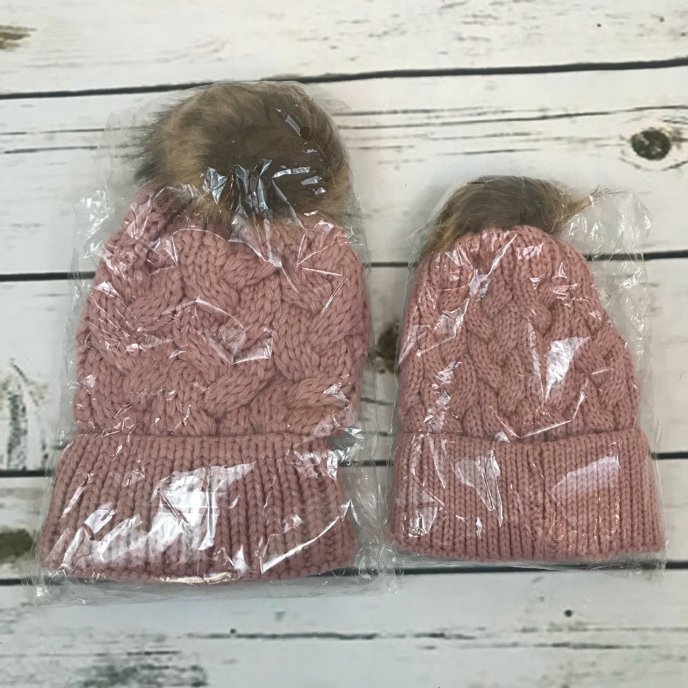 Matching Pink Cable Knit Beanie w/ Pom Pom - Picture 4 of 5